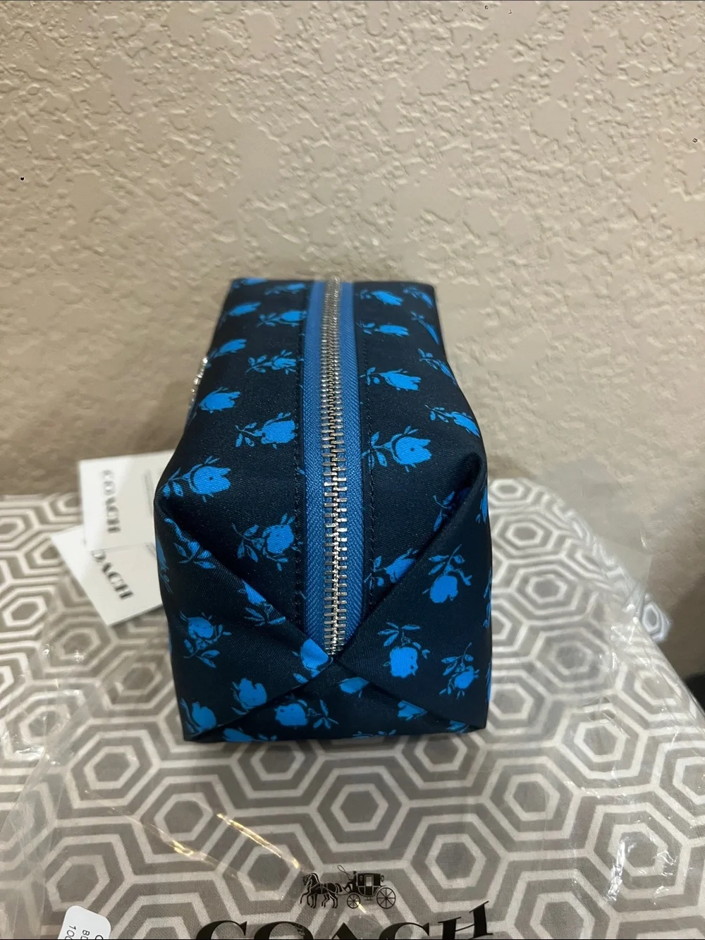 Coach Navy Cosmetic Pouch with Bright Blue Rose Print